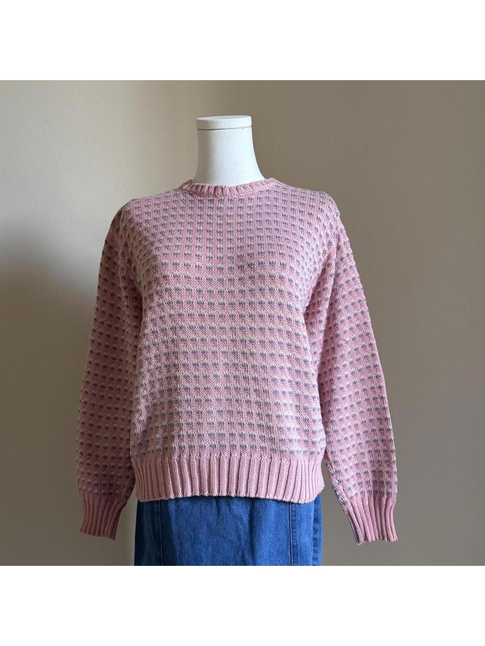 vintage st raphael pink cotton sweater with flowers all over, medium
